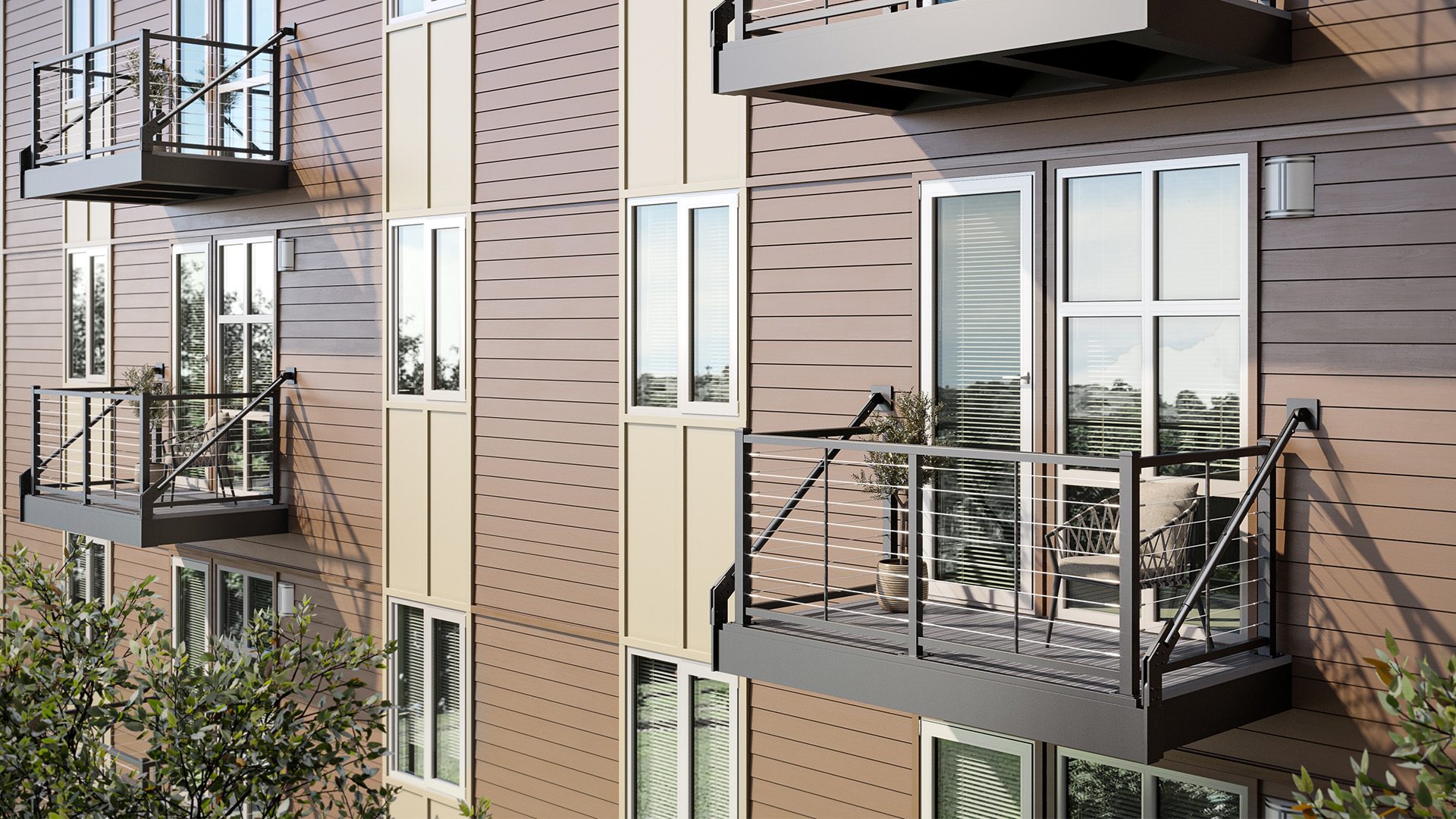 Commercial aluminum balcony installation on multifamily construction