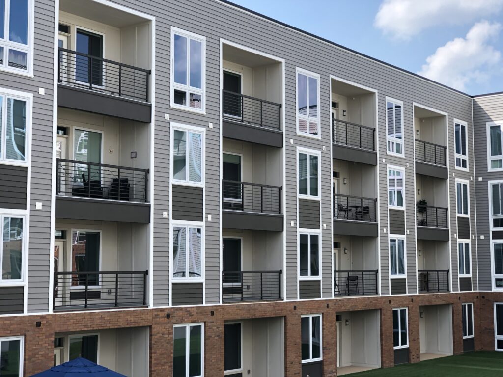Commercial aluminum picket railing detail on apartment balconies